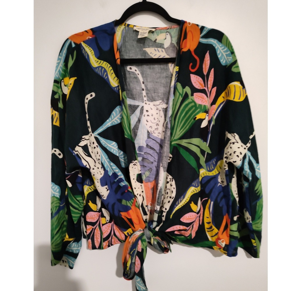 Christian Siriano New York Jungle Print Linen Blend Tie Front Top One Size